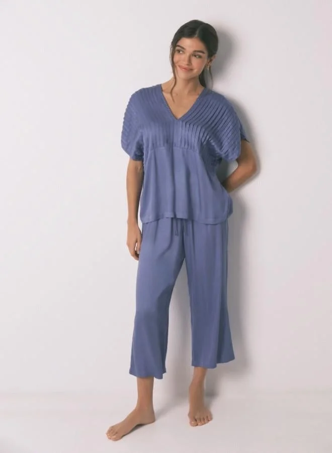 women'secret Blue long pyjamas with pleated neckline